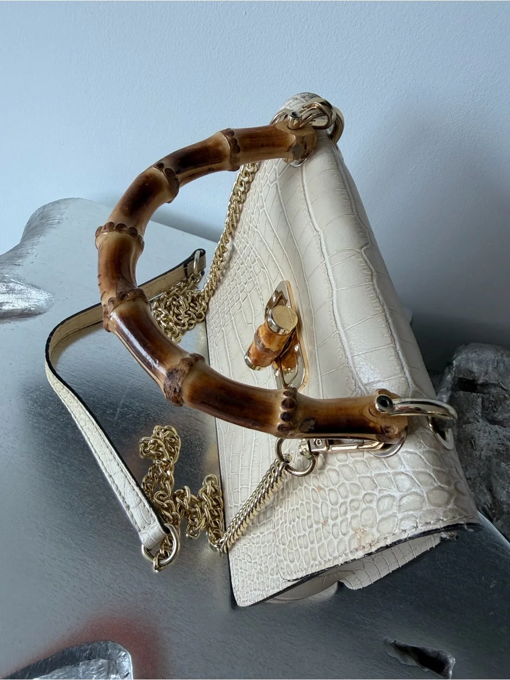 Leather Croc-Embossed Top-Handle Bag w/ Bamboo Accent | Made in Italy | Neutral